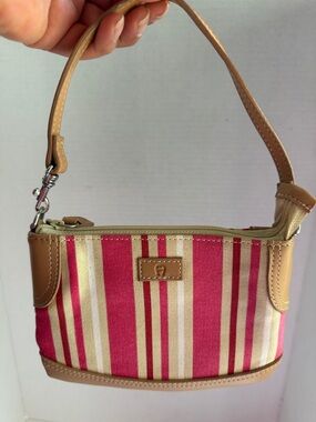 Etienne Aigner Purse Pink  Cream Strip Canvas Clutch Wristlet Wallet